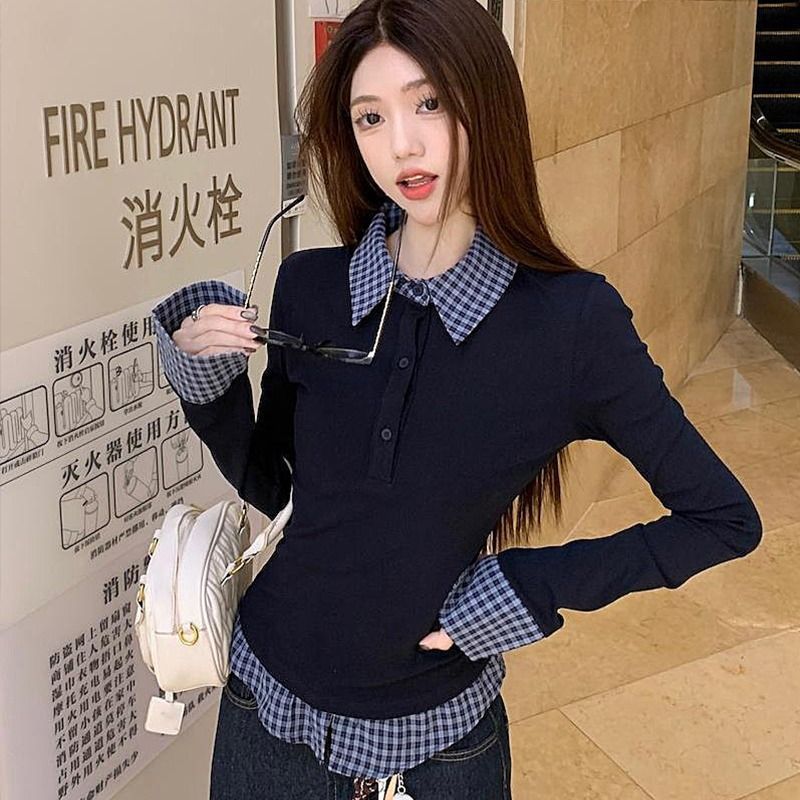 Polo Collar Fake Two Piece Bottoming Slim Fit Top - Image 3