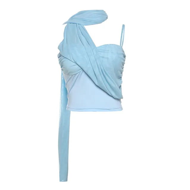 Stitching Single shoulder Suspender Slim Top For Women Blue - Shop at LoveMi