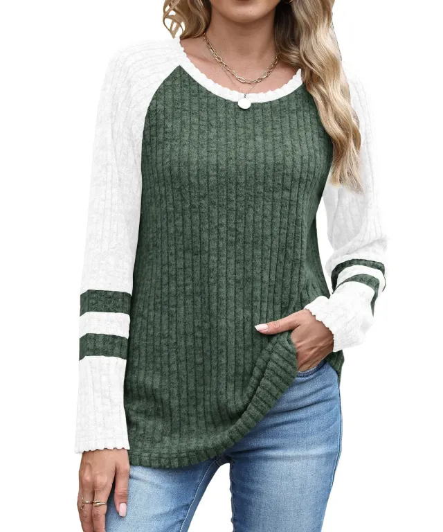 European And American Fashion Long Sleeve Contrast Color Sweater Round Neck Top Green - Shop at LoveMi