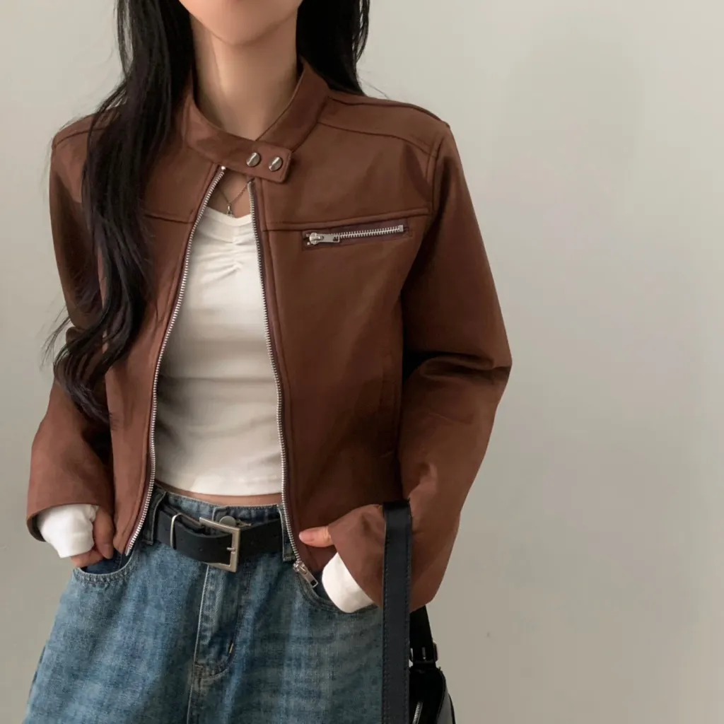 High Waist Short Jacket Suede Motorcycle Top - Red