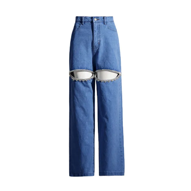 Women's Fashionable Diamond Beaded Wide leg Jeans Dark Blue - Shop at LoveMi