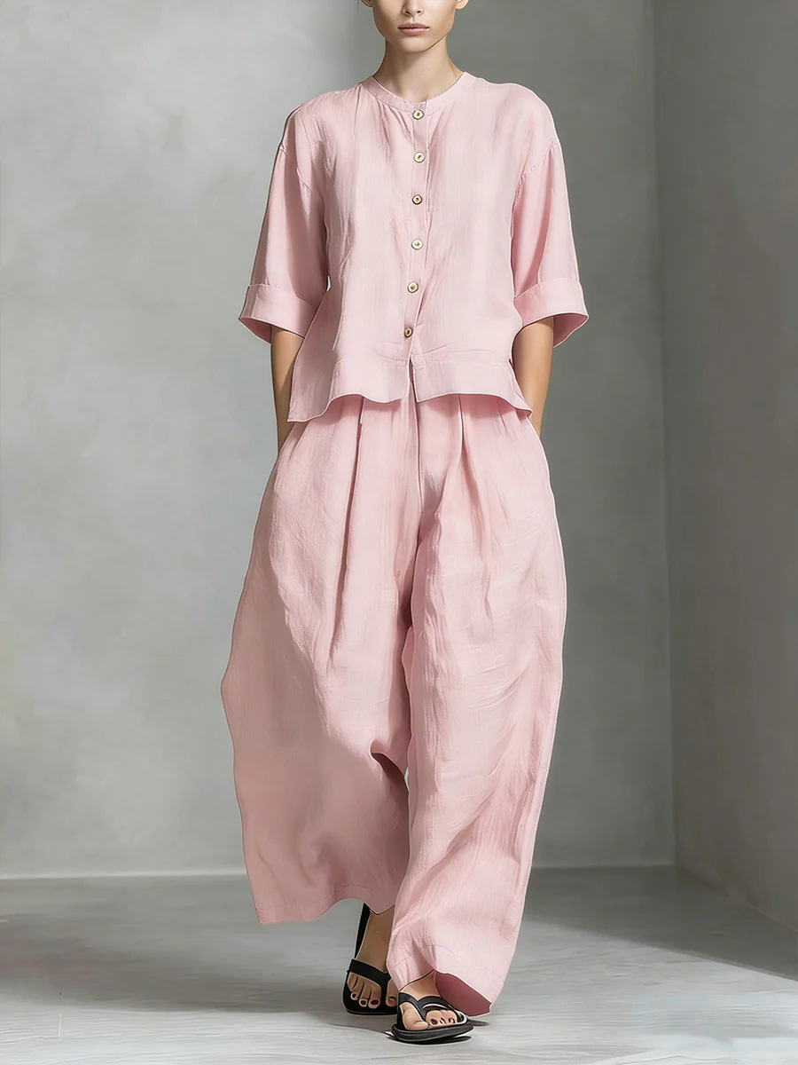 Three-quarter sleeve shirt and loose trousers two-piece set front view – solid color all-season casual women's fashion