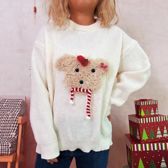 Women's Casual Round Neck Patchwork Casual Warm Sweater White - Shop at LoveMi