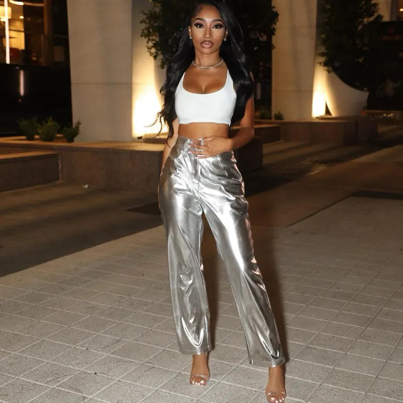 Autumn And Winter New Fashion Bright PU Leather Pocket Loose Zip Women's Casual Pants - Silver