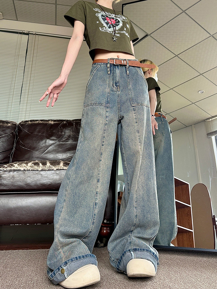 American Retro Loose Straight Washed Wear white Jeans White - Shop at LoveMi