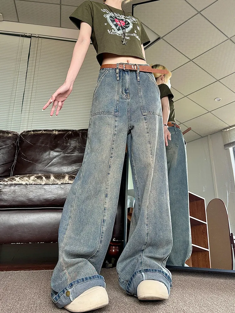 American Retro Loose Straight Washed Wear-white Jeans - White
