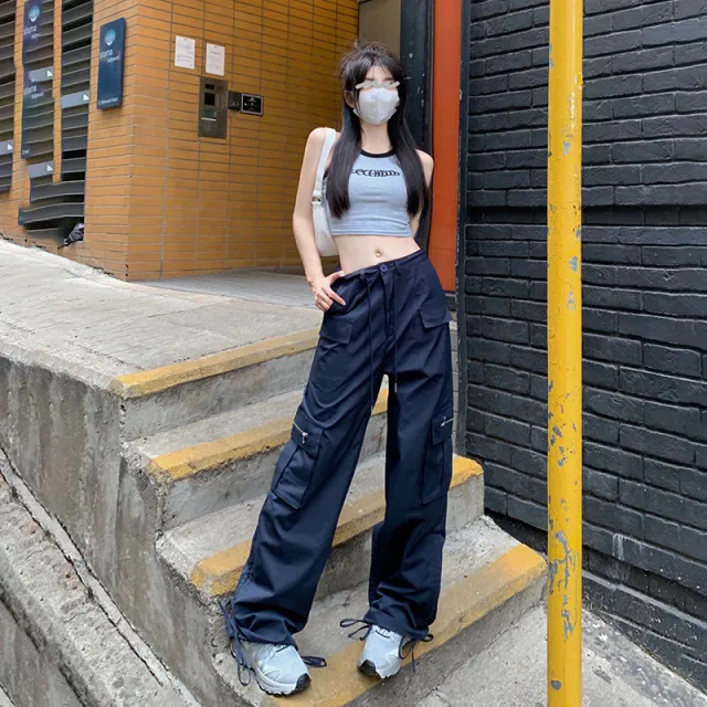 American High Waist Straight Cargo Pants Loose Slimming Wide Leg Trousers Drawstring Lengthened - Shop at LoveMi