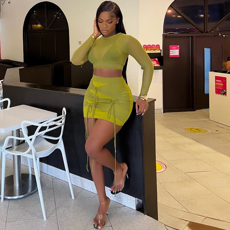 Top Pure Color Mesh Cropped High Elastic Skirt Two-piece Set