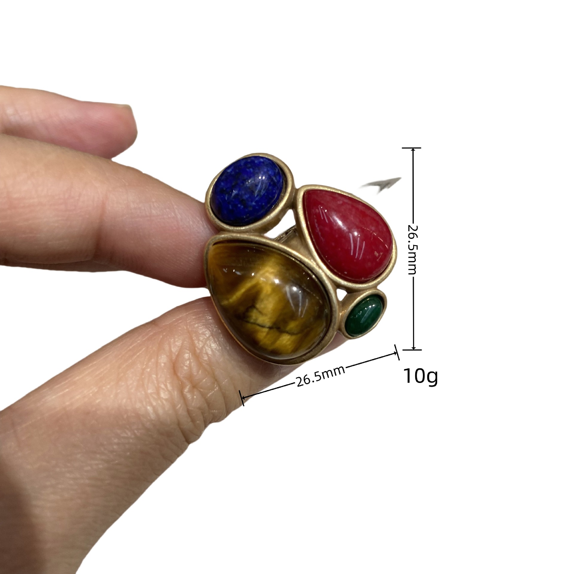 Blue Pine Tigers Eye And Red-Green Agate Ring