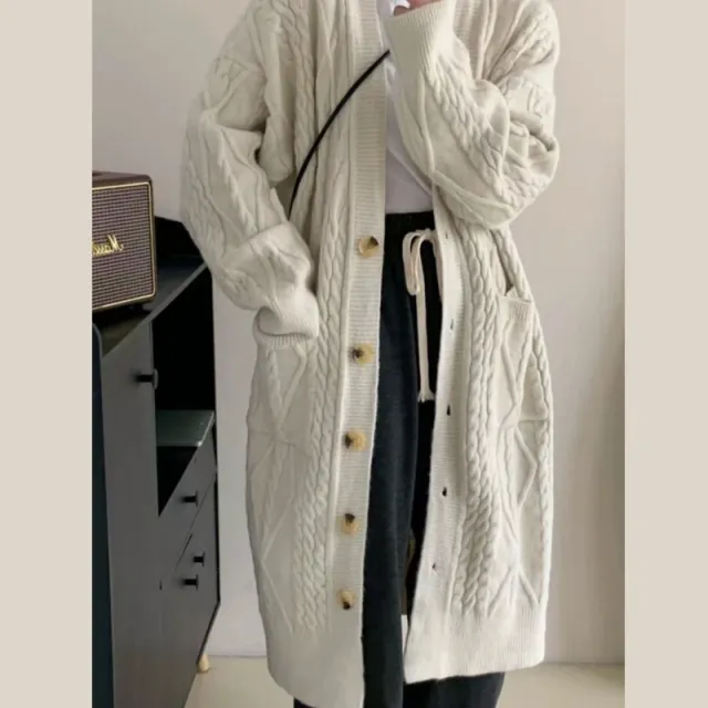 Women's Twist Knitted Cardigan Autumn And Winter Lazy Style Sweater Coat Beige - Shop at LoveMi
