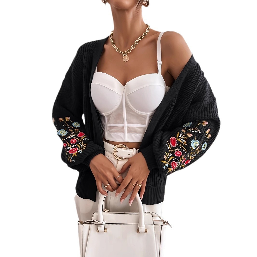 Women's Flower Embroidered Coat Loose Cardigan Sweater