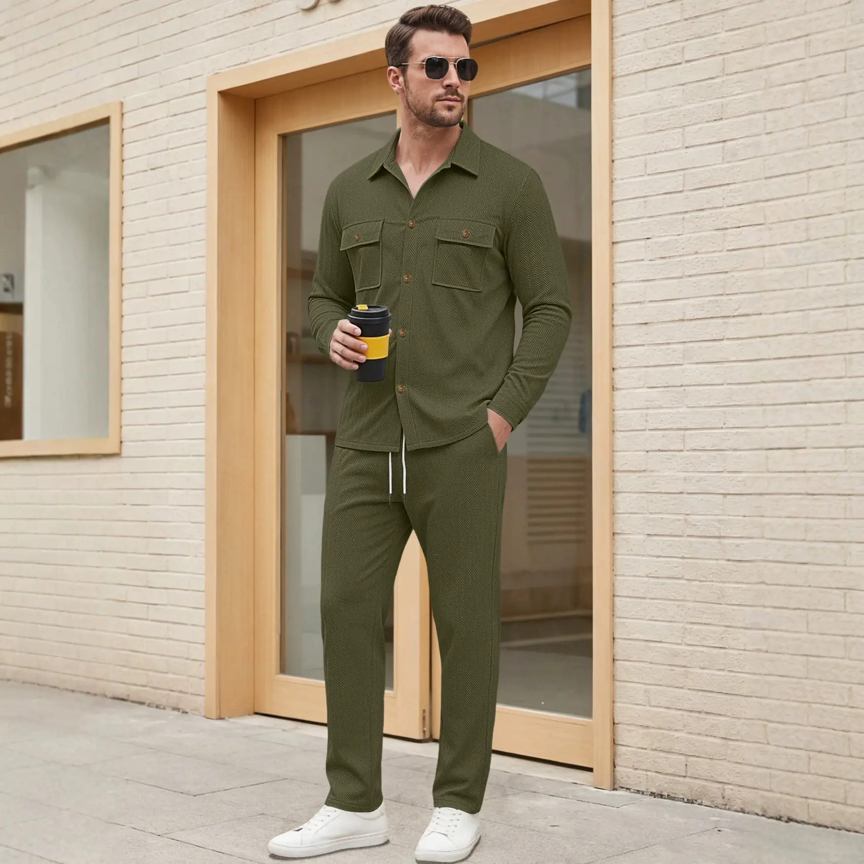 Buttoned Pocket Lapel Jacket And Straight-leg Pants