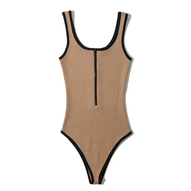 Slim Fit Half open Collar Contrast Color Front Zipper Vest Jumpsuit Women Khaki - Shop at LoveMi