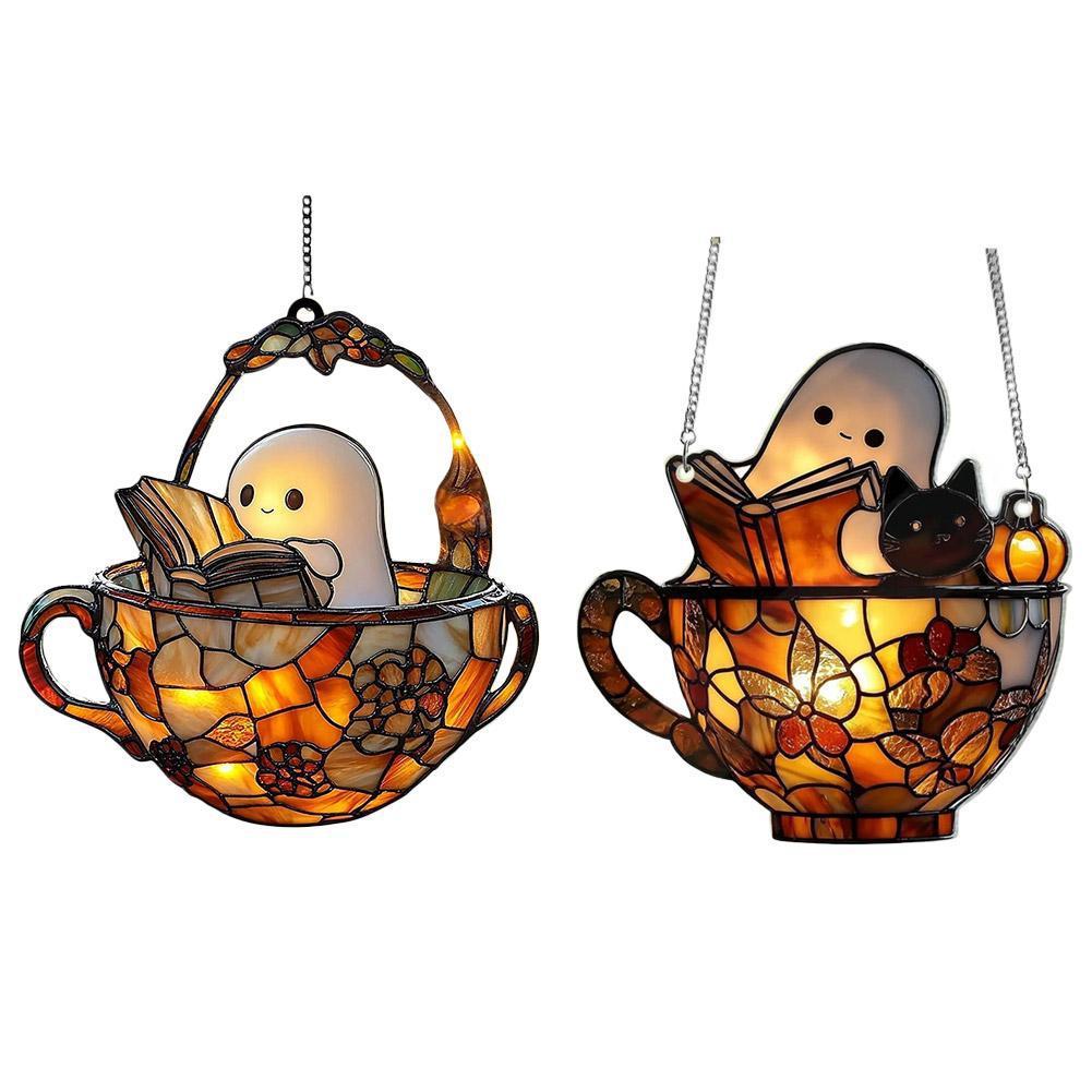 Ghost reading book suncatcher hanging decor (water cup