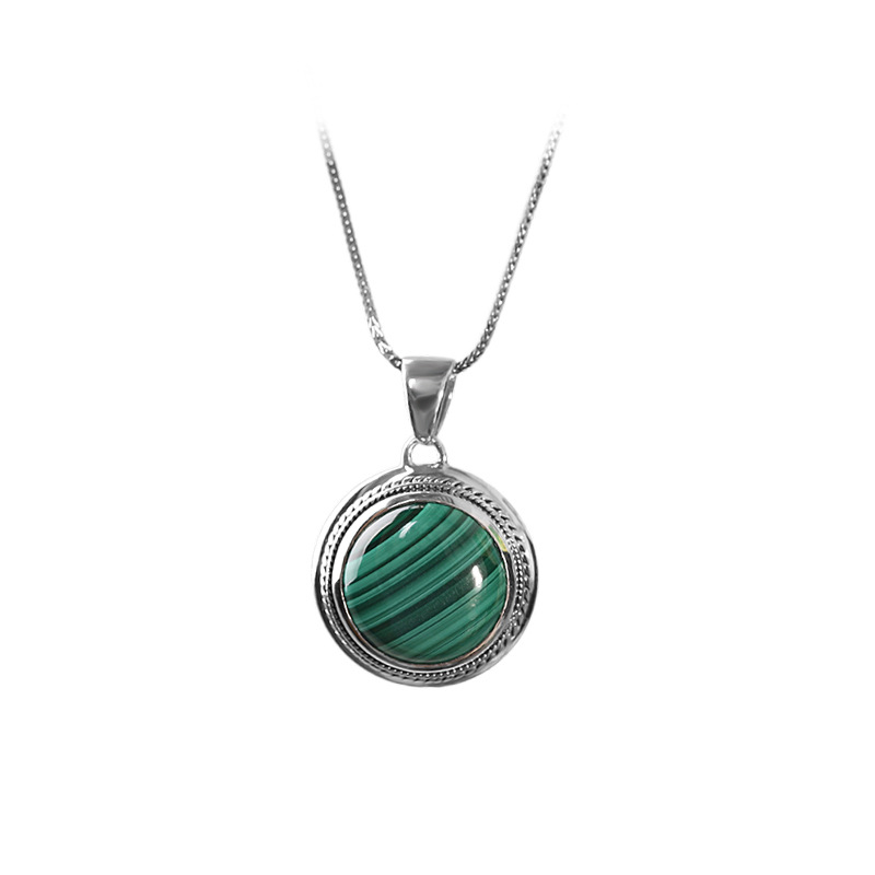 S925 Sterling Silver Simple Malachite Inlaid Pendant