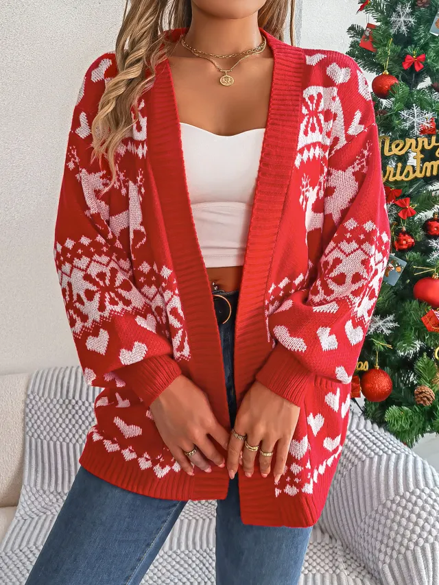 Christmas Clothes Women's Open Front Cardigan Knitwear Lantern Sleeve Xmas Printed Oversized Deer Sweater Pockets Knitted Red - Shop at LoveMi