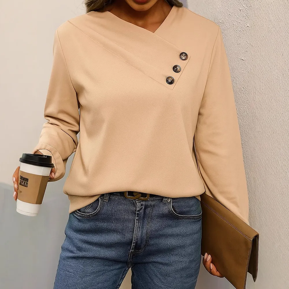 Women's Casual V-neck Long Sleeve Pullover Regular Sweater - Apricot
