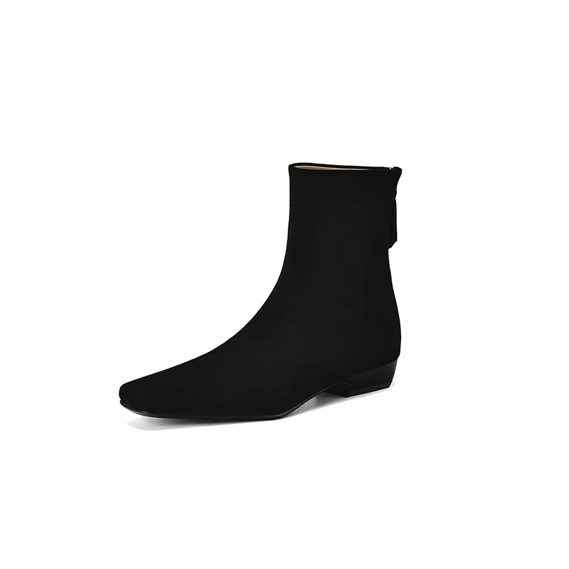 Womens Suede Leather Low-Heel Ankle Boots Genuine Leather Style Boots - Black