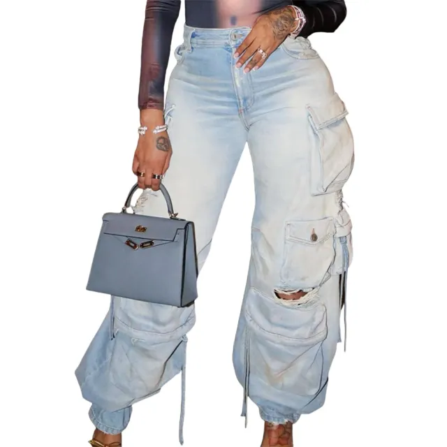 Ladies New Denim Stereo Multi pocket Trousers Light Blue - Shop at LoveMi