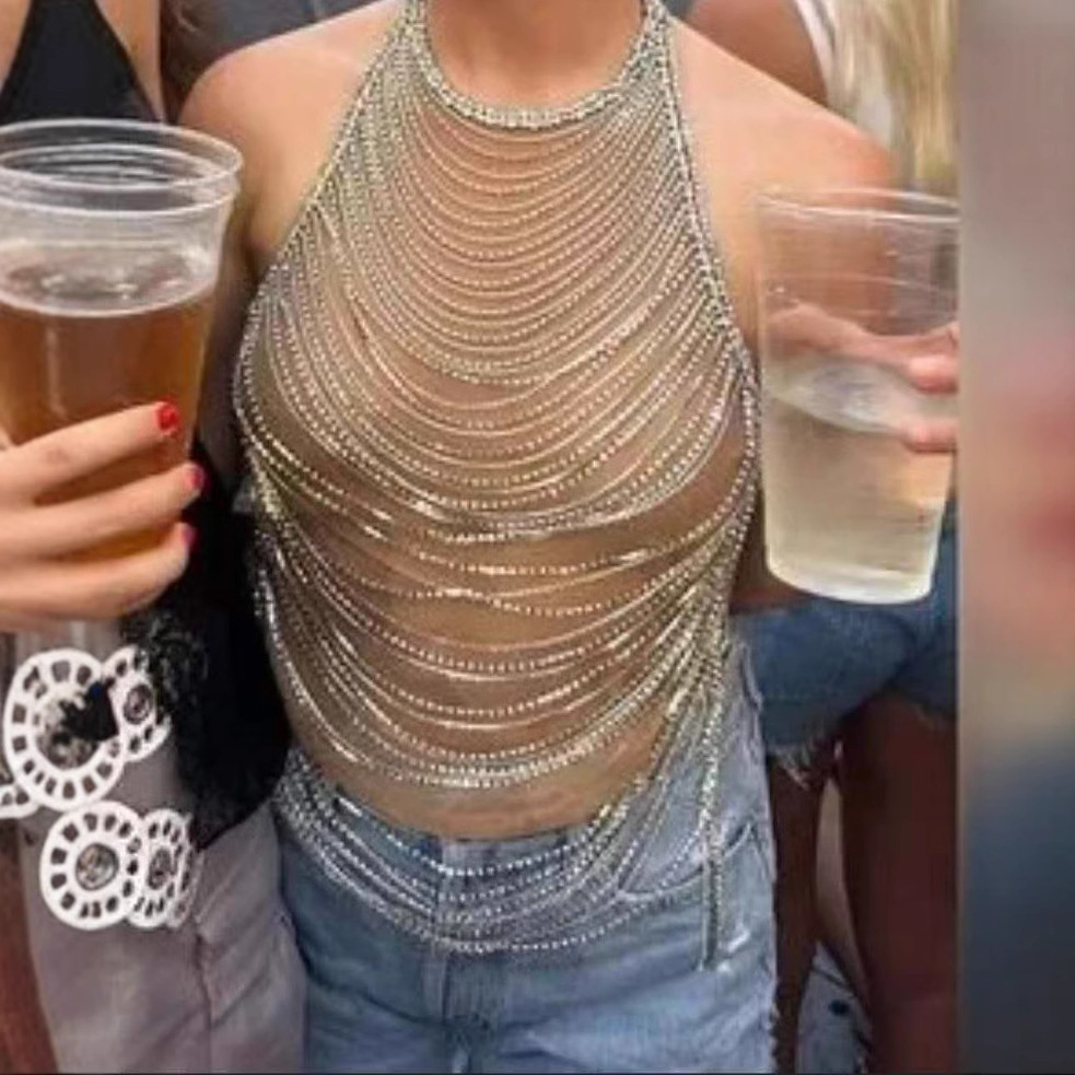 Rhinestone Inlaid Drill Chain Wave Tassel Chain Halter Top