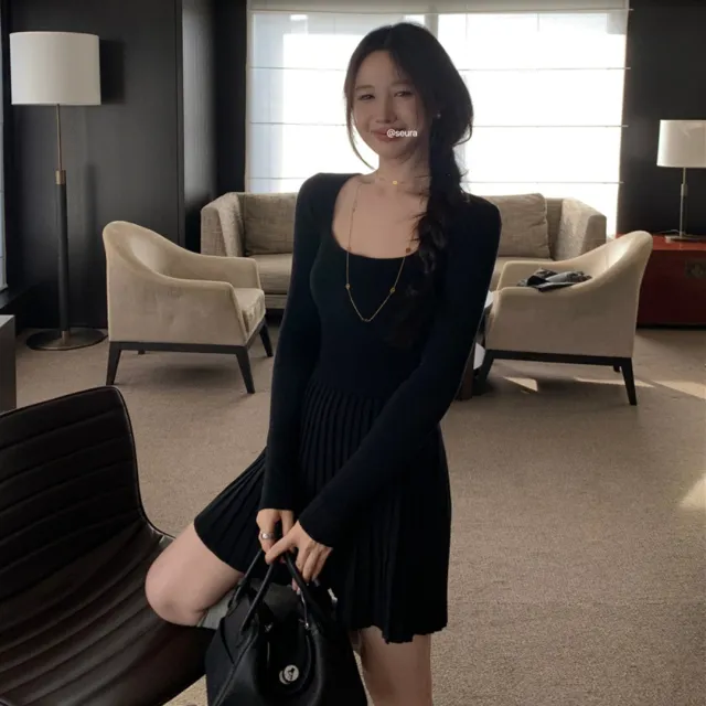 Womens Slim Fit Pleated Long Sleeve Dress Black - Shop at LoveMi