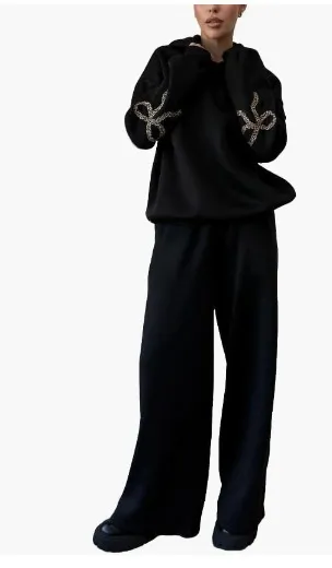 Women's Sports Hooded Loose Bow Suit Black Leopard Print - Shop at LoveMi