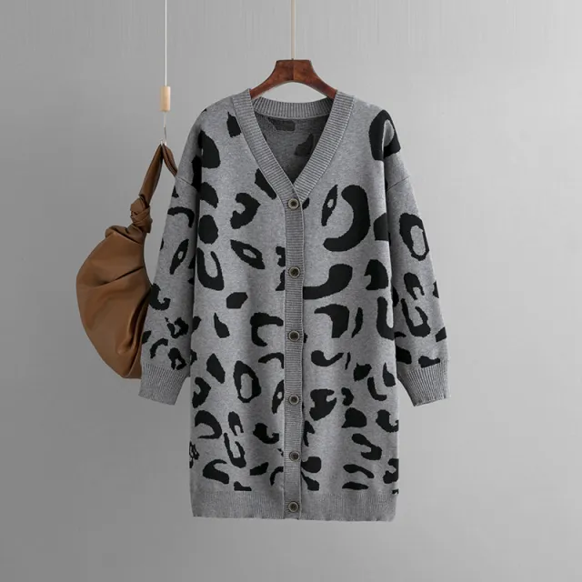 Women's Sweater Mid length Leopard print Sweater Cardigan Gray - Shop at LoveMi