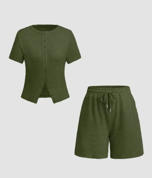 Women's Sexy Slim fit Short Sleeve Blouse And Pants Army Green - Shop at LoveMi