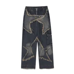 Men's And Women's Same Style American-style Distressed Heavy Industry Straight Casual Jeans - Blue - View 1