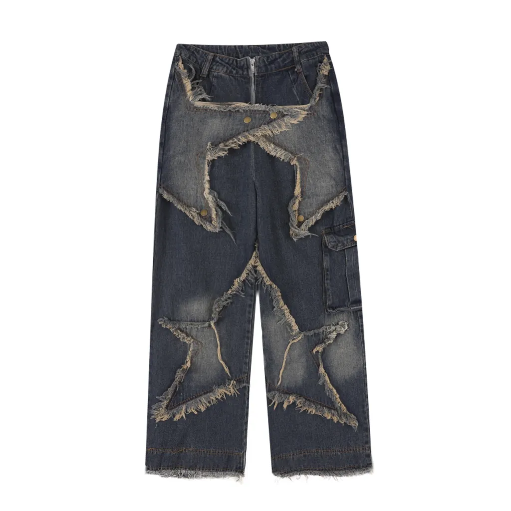 Men's And Women's Same Style American-style Distressed Heavy Industry Straight Casual Jeans - Blue