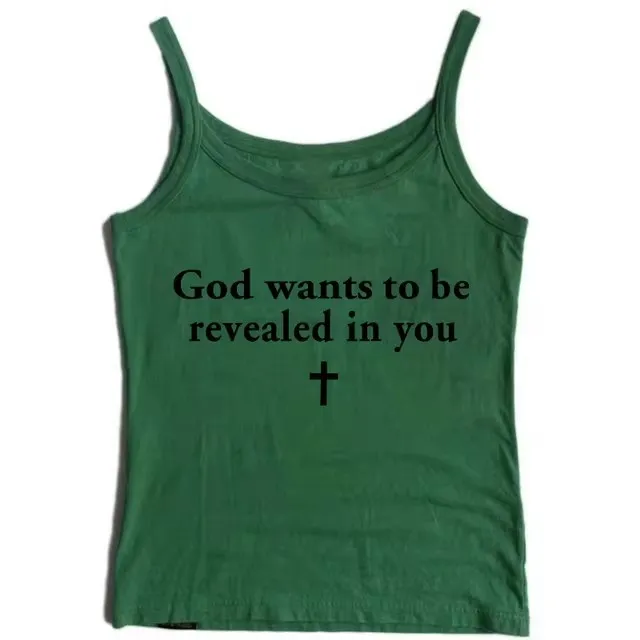 Vintage Cross Letter Printed Camisole Top Green - Shop at LoveMi