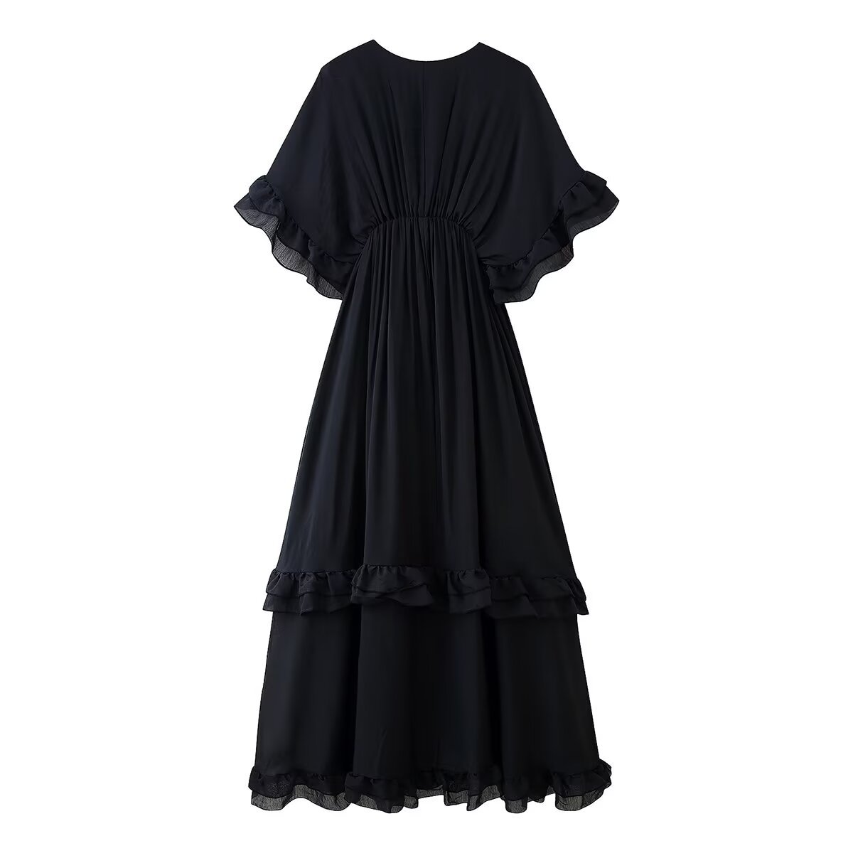 Fashion V neck Tight Waist Color Ruffled Short Sleeves Dress Black - Shop at LoveMi
