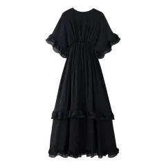 Fashion V-neck Tight Waist Color Ruffled Short Sleeves Dress - Black - View 1