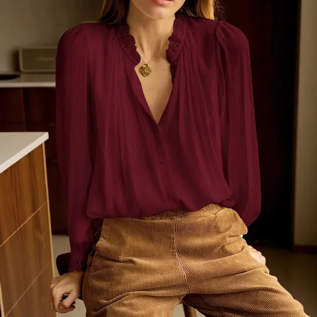 Elegant, Sophisticated Commuter Shirt With Lace trimmed Patchwork Wine - Shop at LoveMi