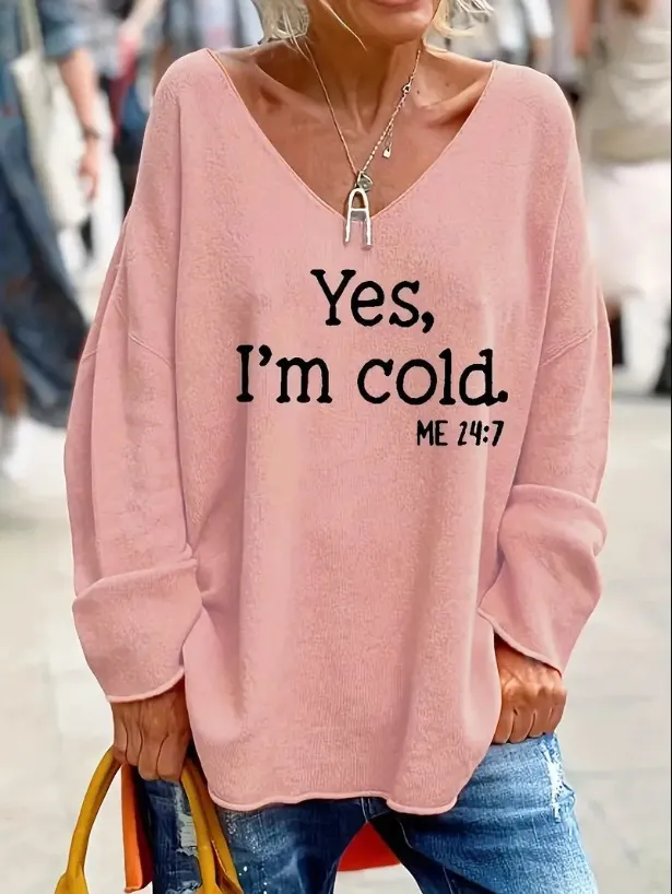 Loose Casual Solid Color Letter Printing U Collar Sweater Women Pink - Shop at LoveMi