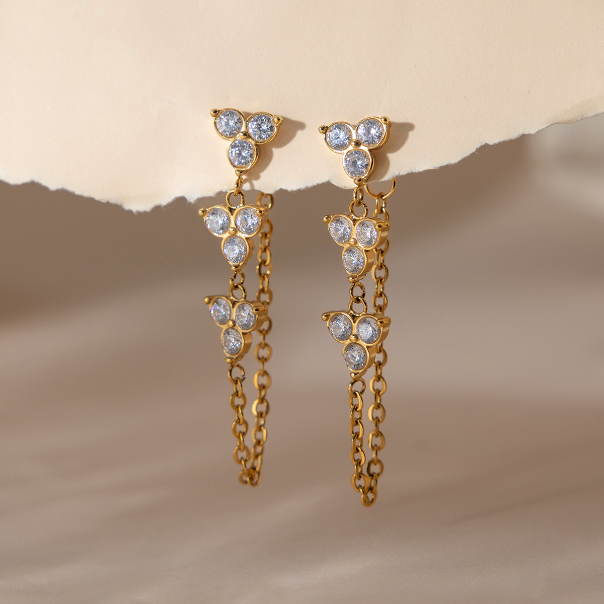 Titanium Steel 18K White Zircon Flower Chain Tassel Earrings For Women