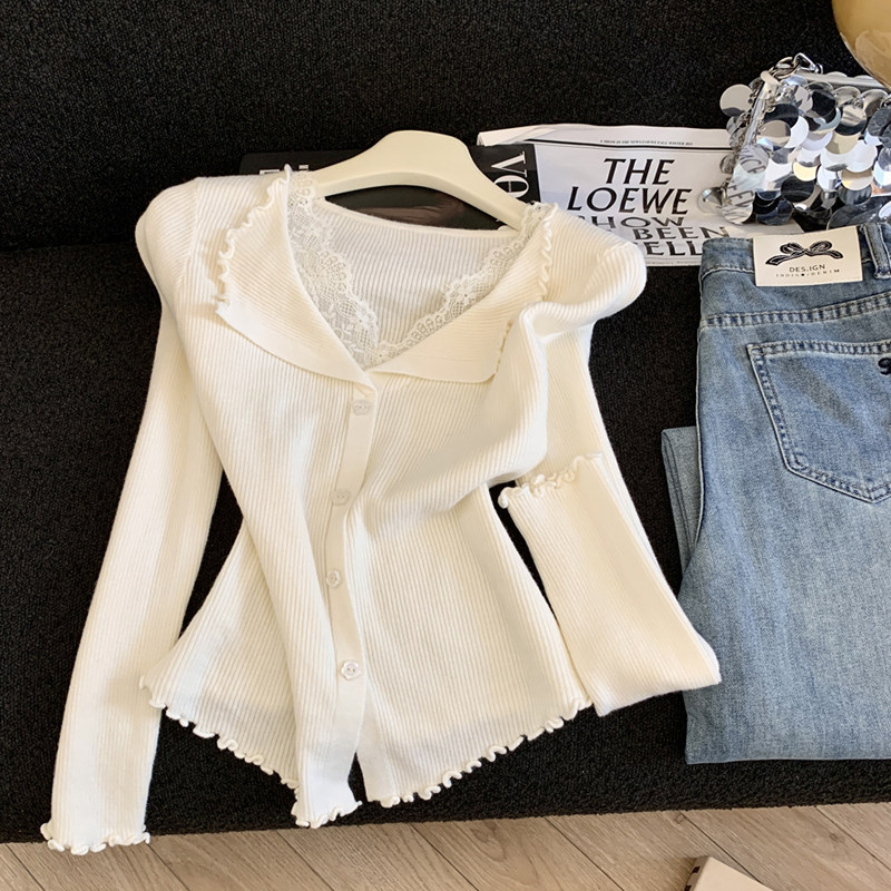 Spring New Arrival Ruffled Lace V-Neck Soft And Cozy Knitted Cardigan For Women