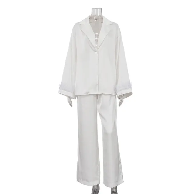 Stitching Design Feather Long Sleeve Lapel Top Casual Trousers Two piece Set White - Shop at LoveMi