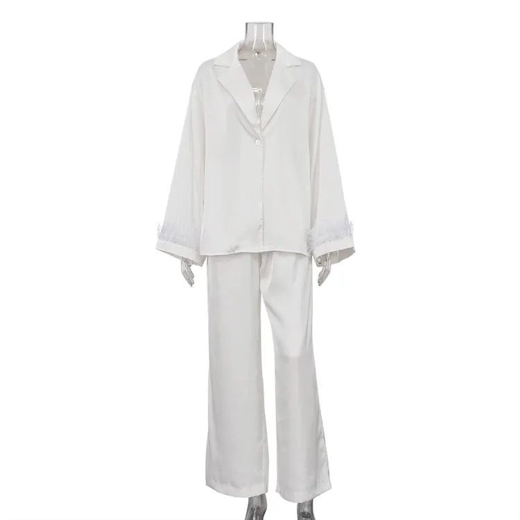 Stitching Design Feather Long Sleeve Lapel Top Casual Trousers Two-piece Set - White