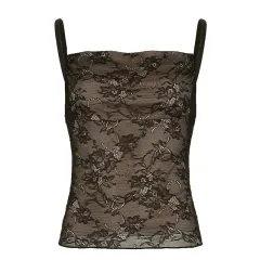 Printed Rhinestone Lace Camisole Top - Black - View 1