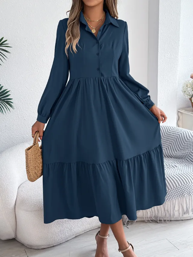 Women's Lapel Casual Loose Long Sleeve Ruffled Shirt Dresses Long Sleeved Turn down Collar Single Breasted Dress Spring Autumn Fashion Women's Clot... Navy Blue - Shop at LoveMi