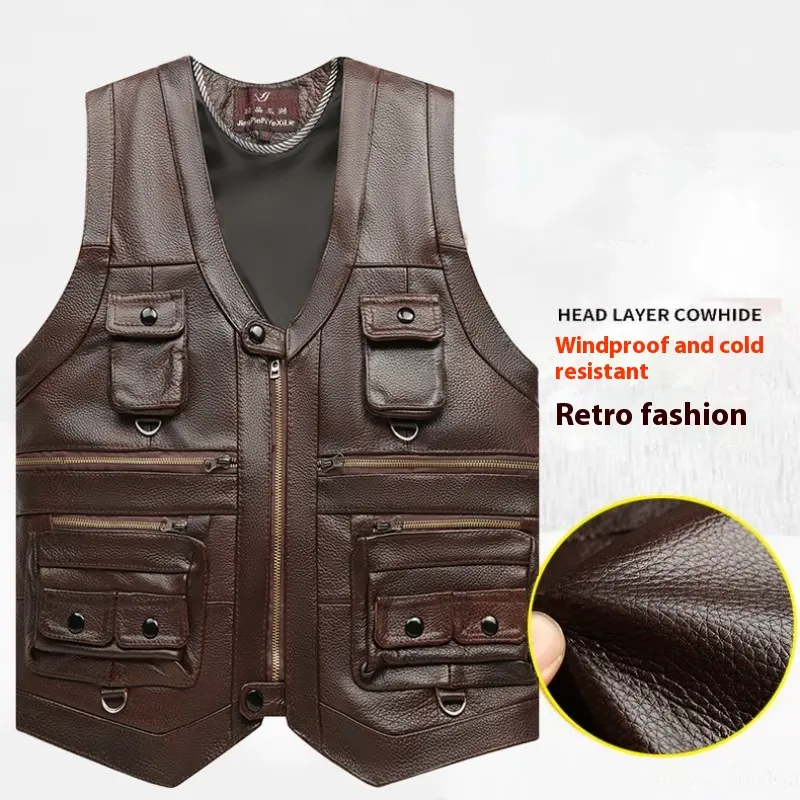 Genuine Leather Vest Man First Layer Cowhide