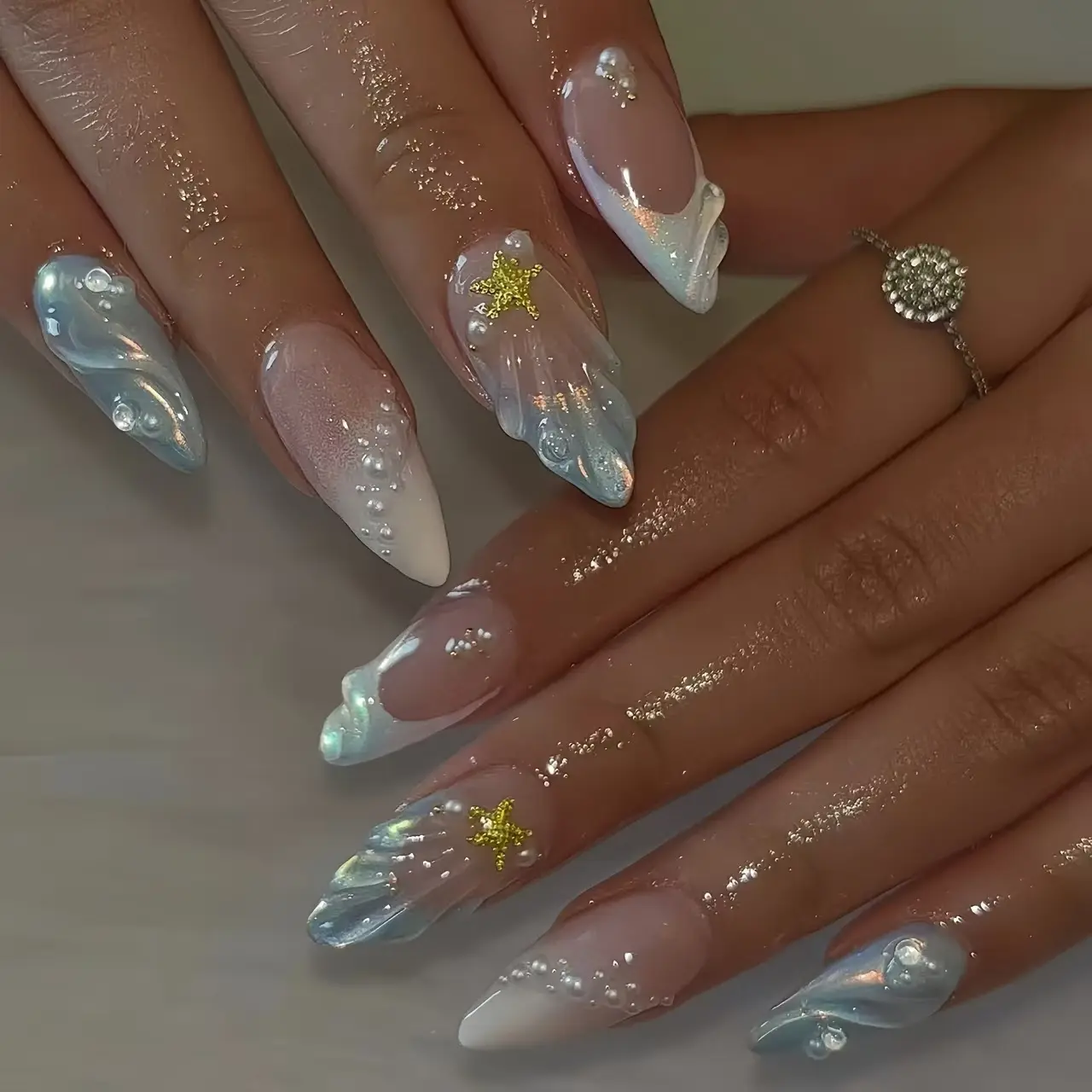 Fashion Ocean Series Almond Nail 3D Pearl