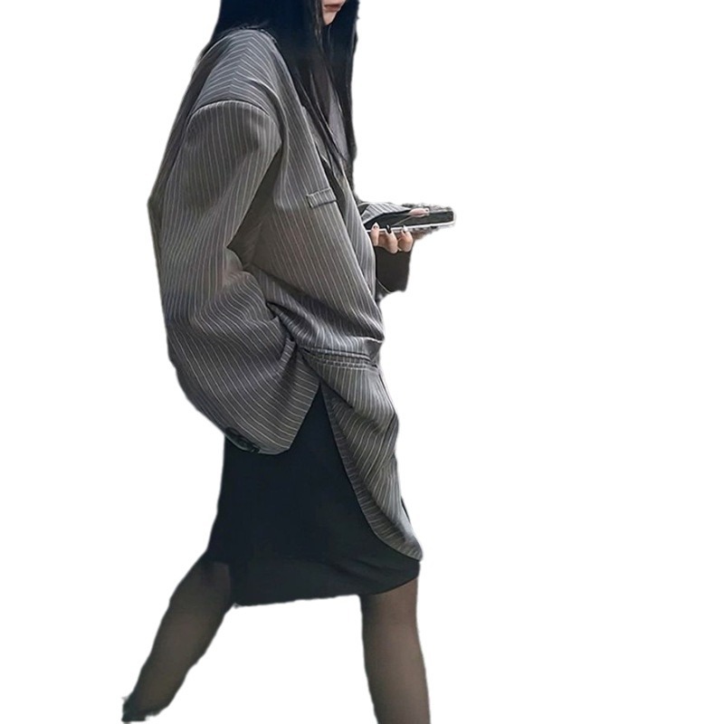 Gray Striped Suit Jacket For Women