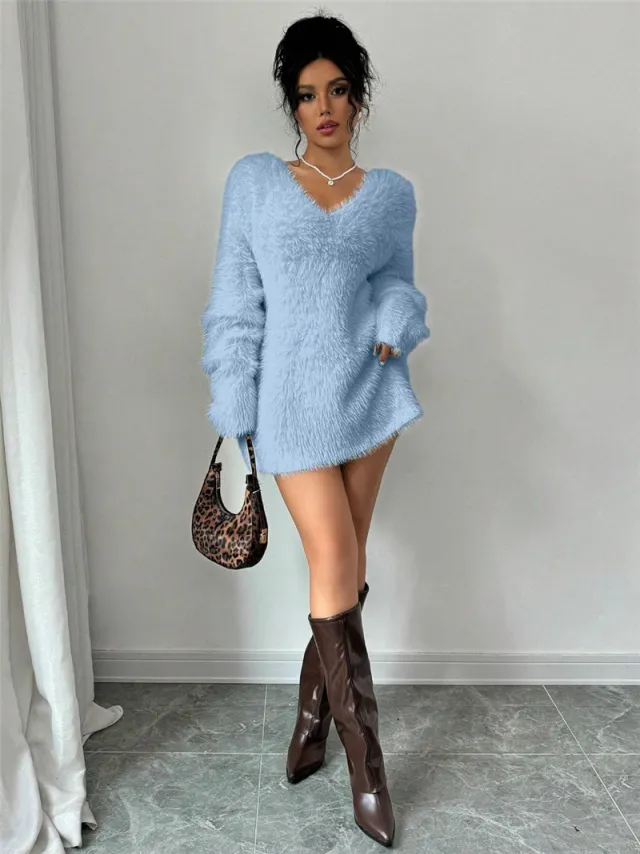 V neck Solid Color Knitted Sweater Blue - Shop at LoveMi