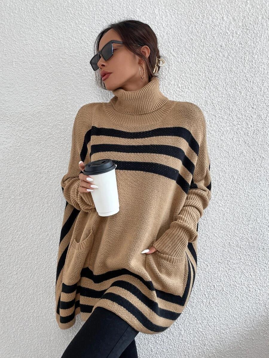 Title 2, Turtleneck Striped Batwing Sleeve Cape And Shaw...