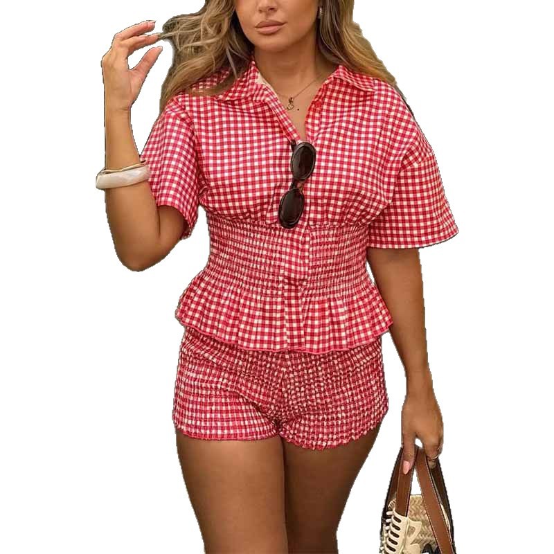 Red And White Plaid Short-sleeve Shirt And Shorts Set - Image 4