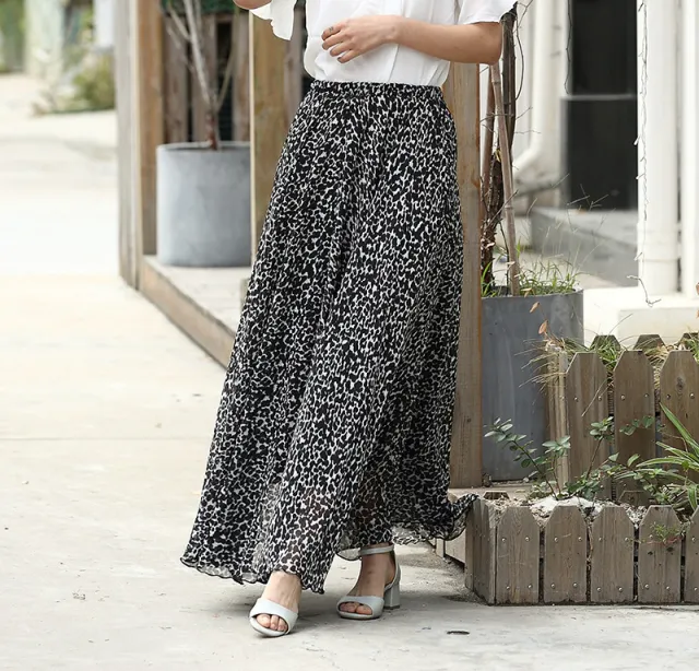 Chiffon Skirt Printed Floral High Waist Midi Skirt Black White Leopard Print - Shop at LoveMi