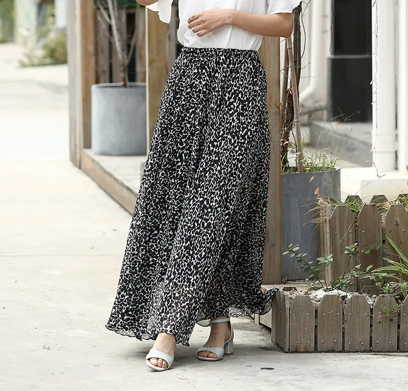 Chiffon Skirt Printed Floral High Waist Midi Skirt - Black White Leopard Print