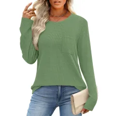 Women's Long-Sleeved Waffle Knit Top T-Shirt - Green - View 1